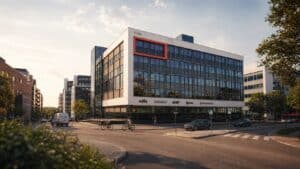 Moderne kontorbygg ved Storo med glassfasade og bymiljø.