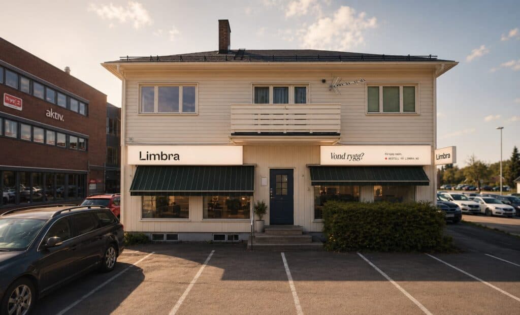Eksteriør av Limbra klinikk i Kløfta med parkeringsplass foran.