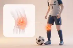 Illustrasjon av kne med skade og en fotball ved siden av.