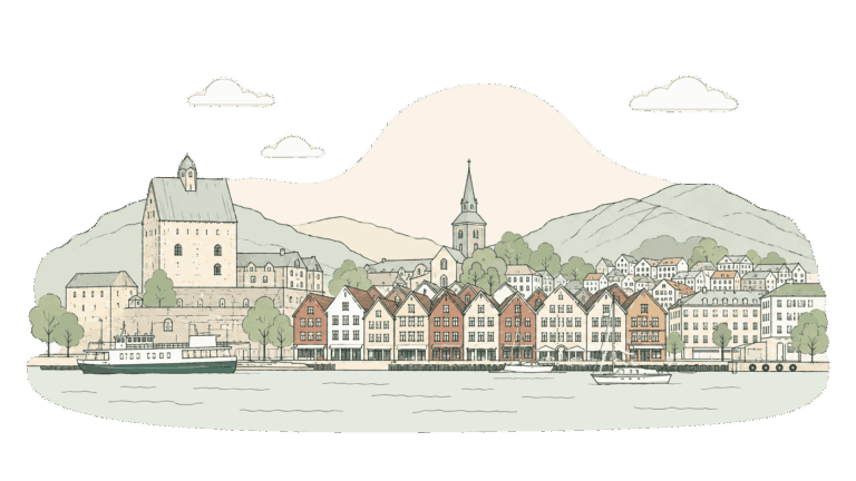 Lindra by med fjord og fjell i bakgrunnen, illustrasjon av en sjarmerende by med historiske bygninge.