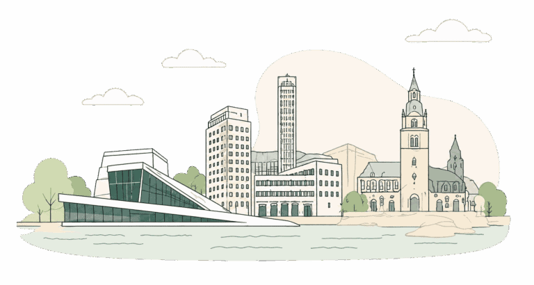 Havnefront med moderne og historiske bygninger i en by, illustrasjon av en urban bysilhuett.