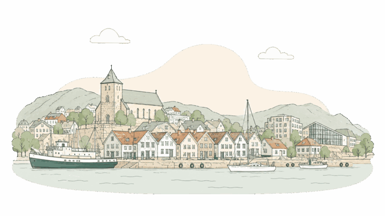 Havnebygd med kirke, hus og båter ved vannet, illustrasjon i myk fargepalett.