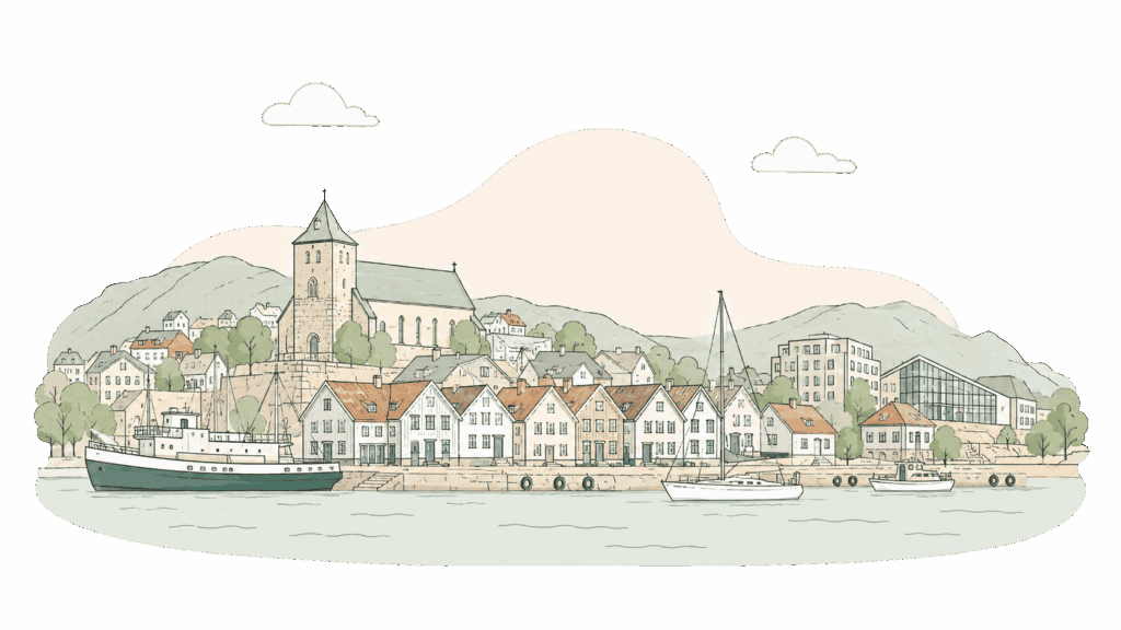 Lindra bylandskap med kirke, hus og båter ved vannet i en rolig illustrasjon.