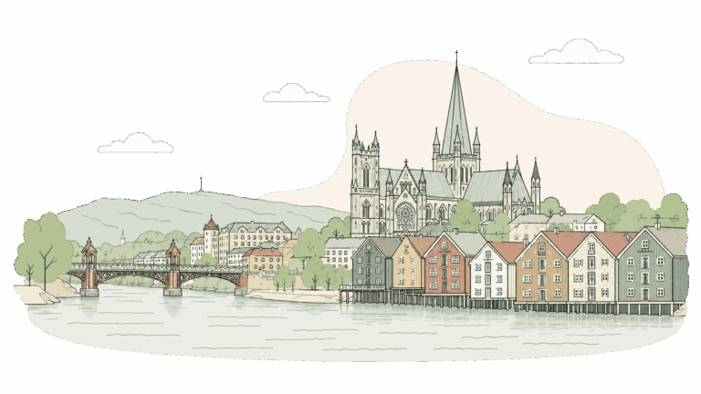 Limbra klinikk i en by med kirke, elv og fargerike hus, spesialisert på muskler og skjelettplager.