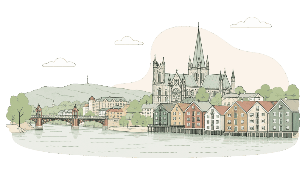 Kystby med kirke og bro ved elven, illustrasjon av en sjarmerende bylandskap.