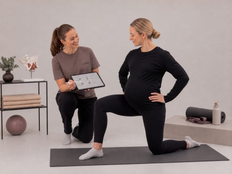 Kiropraktor vurderer gravid kvinne under konsultasjon i klinikk.