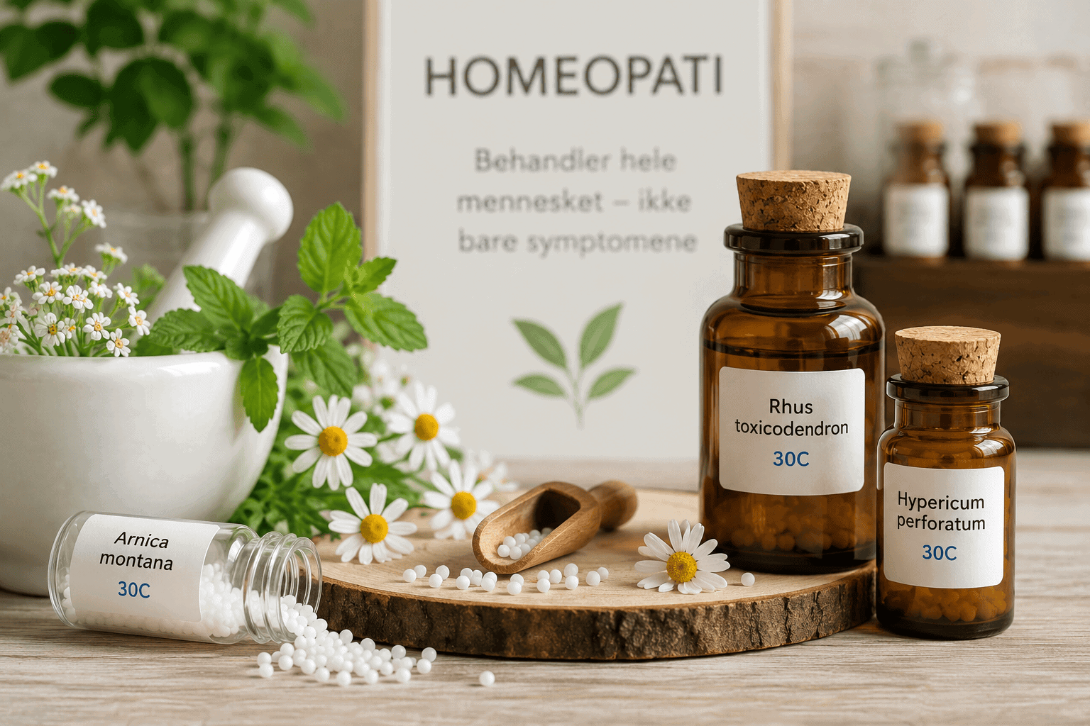 Bildet viser homøopatiske medisiner i glassflasker med kork, omgitt av planter og naturlige elemente.