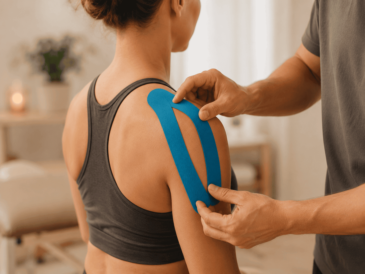 Kvinne får påført blå kinesiotape på skulderen av terapeut.