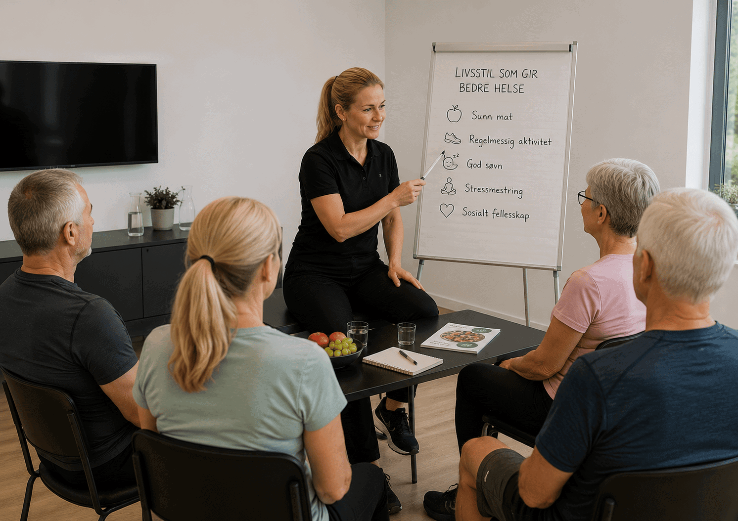 Kiropraktor holder foredrag om sunn livsstil for gruppe voksne.