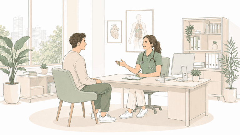 Pasient og kiropraktor i konsultasjon på klinikk.