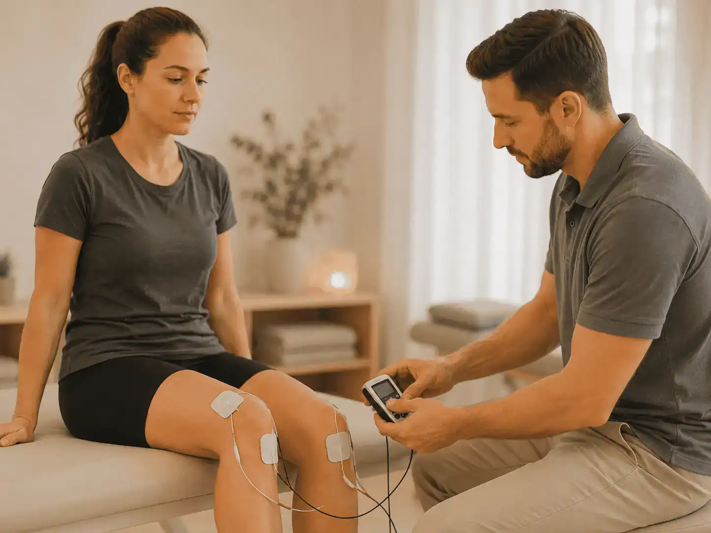 Fysioterapeut måler muskelaktivitet med elektroder på pasientens kne.