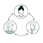 Illustrasjon av tre personer i konsultasjon, symboliserer helsetjenester.