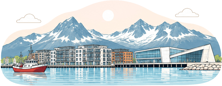 Bodø - Fjell, vann og moderne bylandskap med fjell i bakgrunnen.