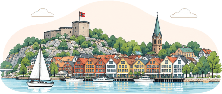 Fargerik illustrasjon av Kristiansand med slott og kirke.